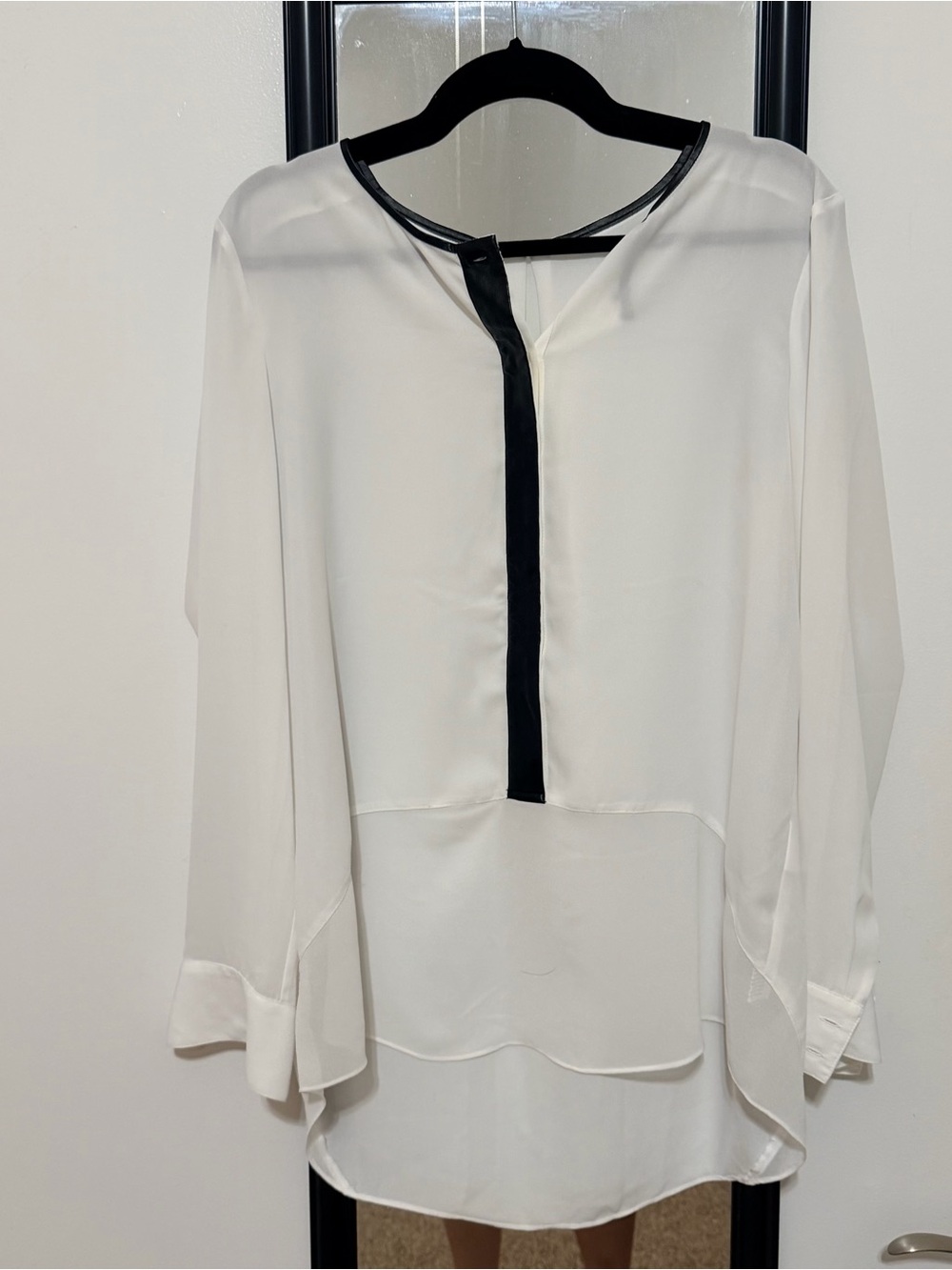 Sisley Women's White Silk Button Down with Black Leather Trim - Long-Sleeve Top